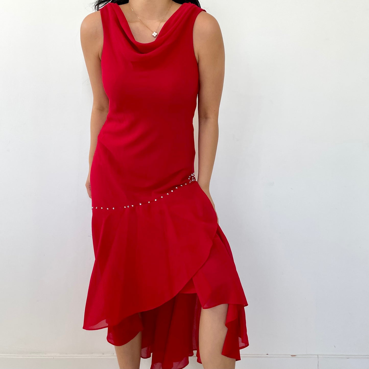 Vintage 1990s Made In USA Red Cowl Neck Dress - X-Small