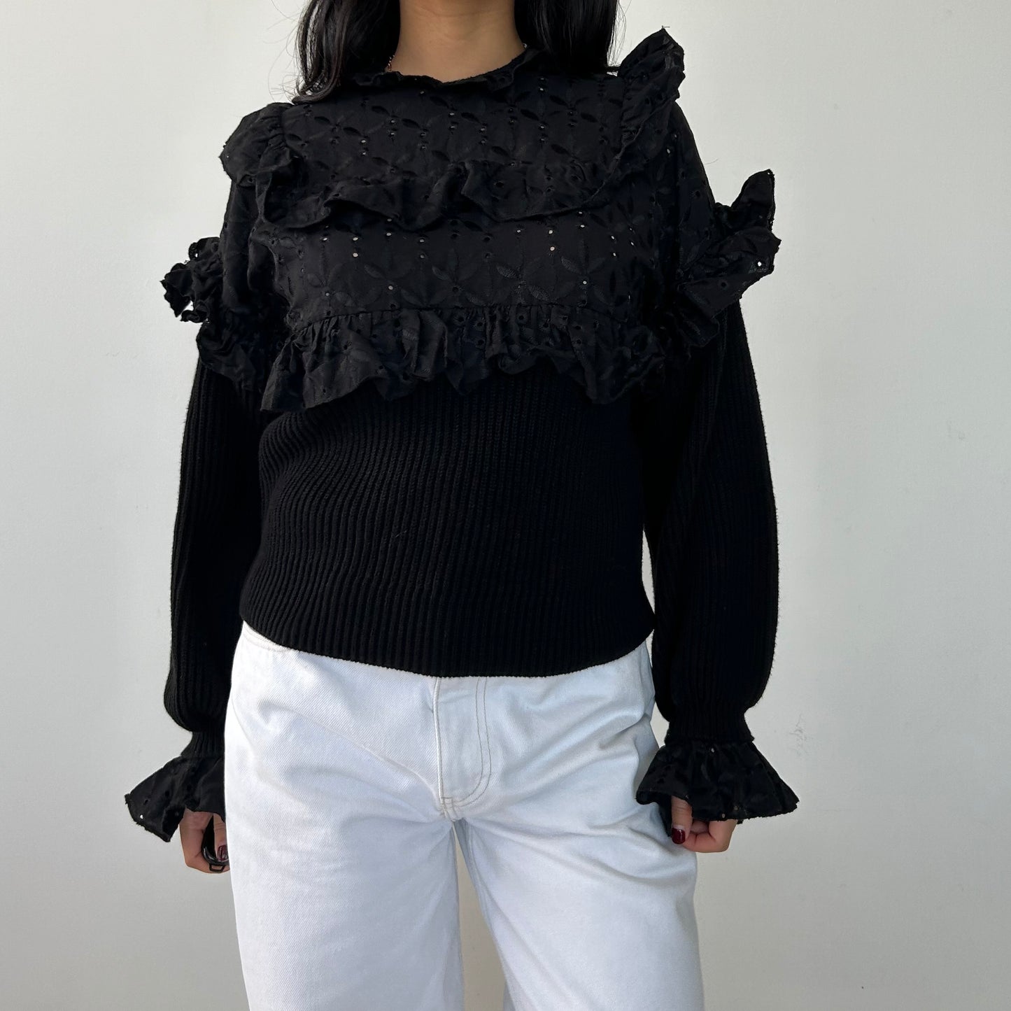 Zara Black Long Sleeve Broderie Anglaise Ruffle Blouse - Small