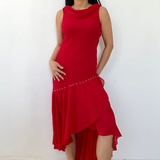 Vintage 1990s Made In USA Red Cowl Neck Dress - X-Small