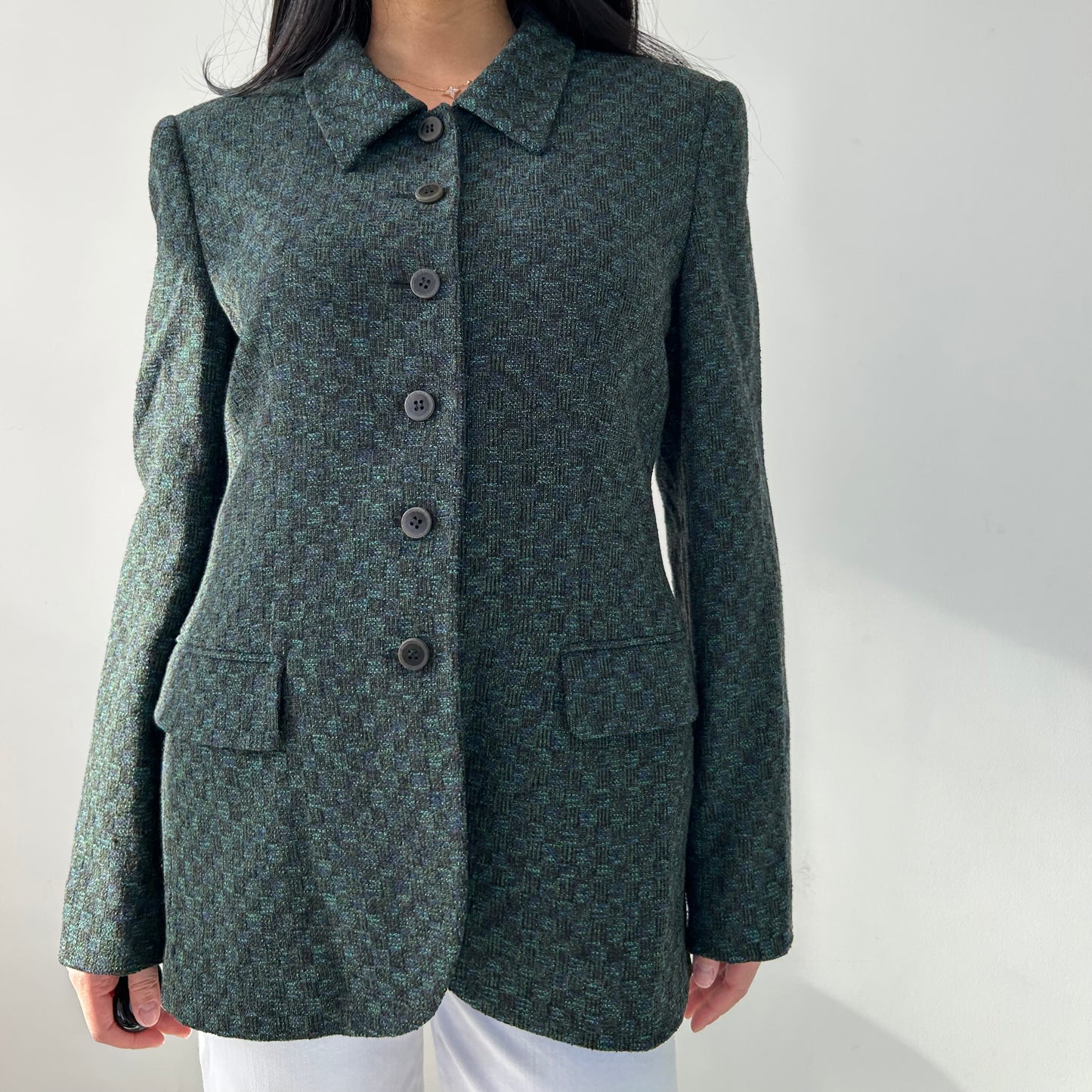 Vintage 1980s Joan & David Emerald Green Tweed Jacket - Medium