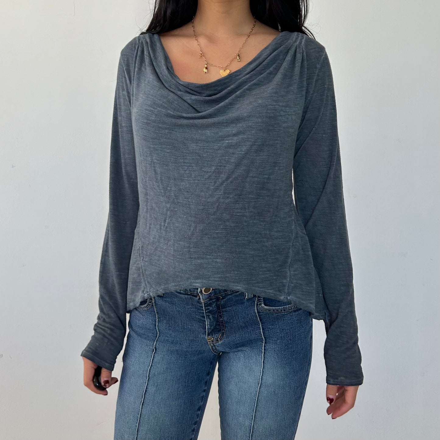 Buffalo by David Bitton Washed Blue Long Sleeve Cowl Neck Top - Medium