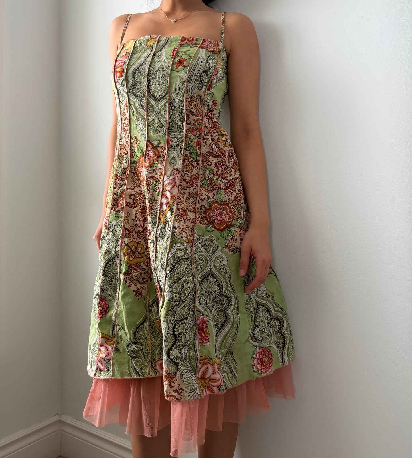2000s French Label René Derhy Green Paisley Corset-Style Sundress - Small