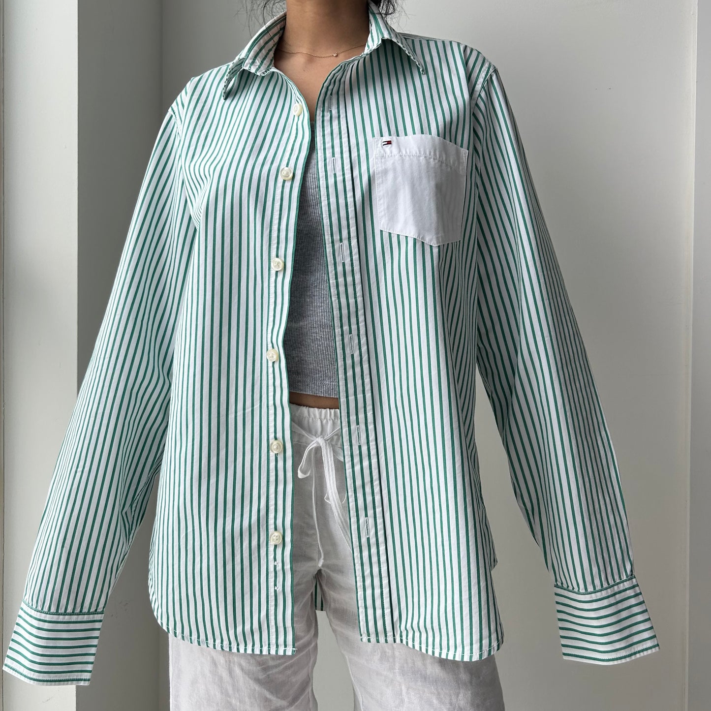 Tommy Hilfiger Green Striped Button Up Shirt - Small