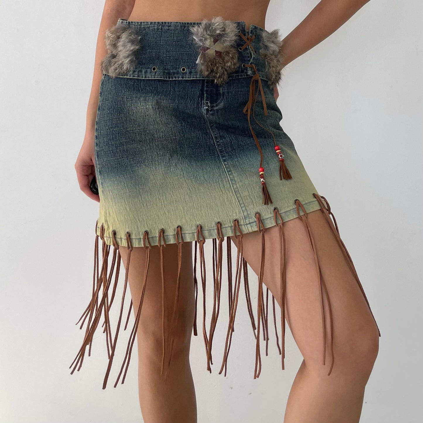 UB Jeans Denim Fringed Mini Skirt - Medium