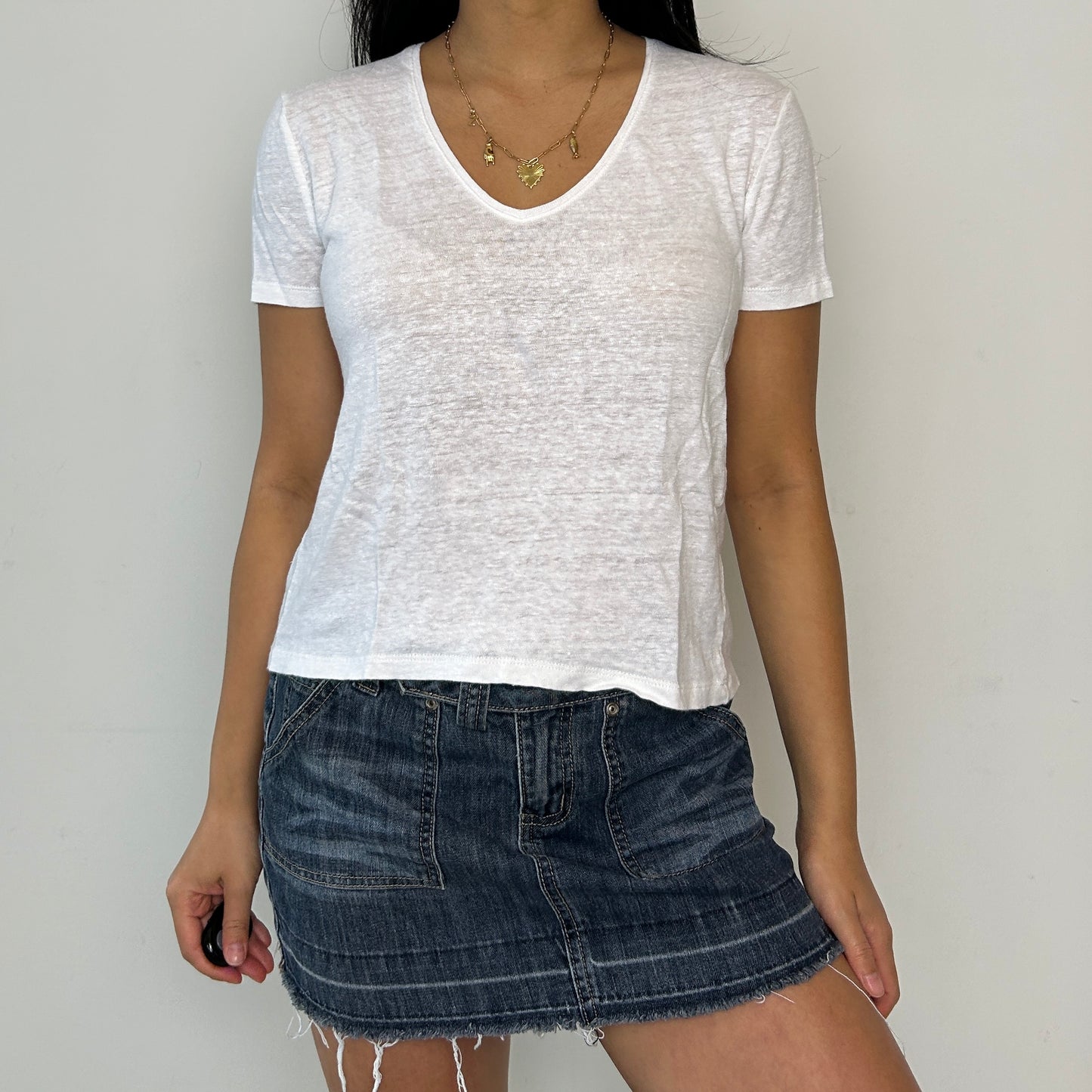 Zara White V-Neck Linen Tee - X-Small