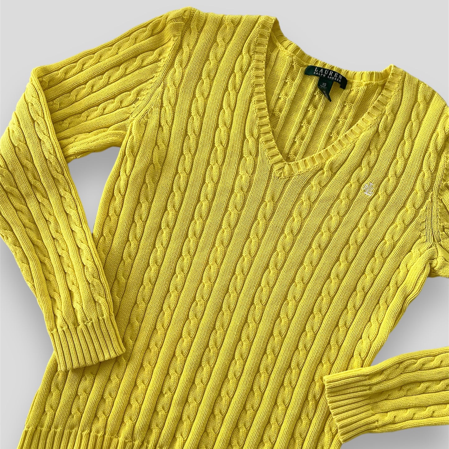 Lauren Ralph Lauren Yellow V-Neck Cable Knit Jumper - X-Small