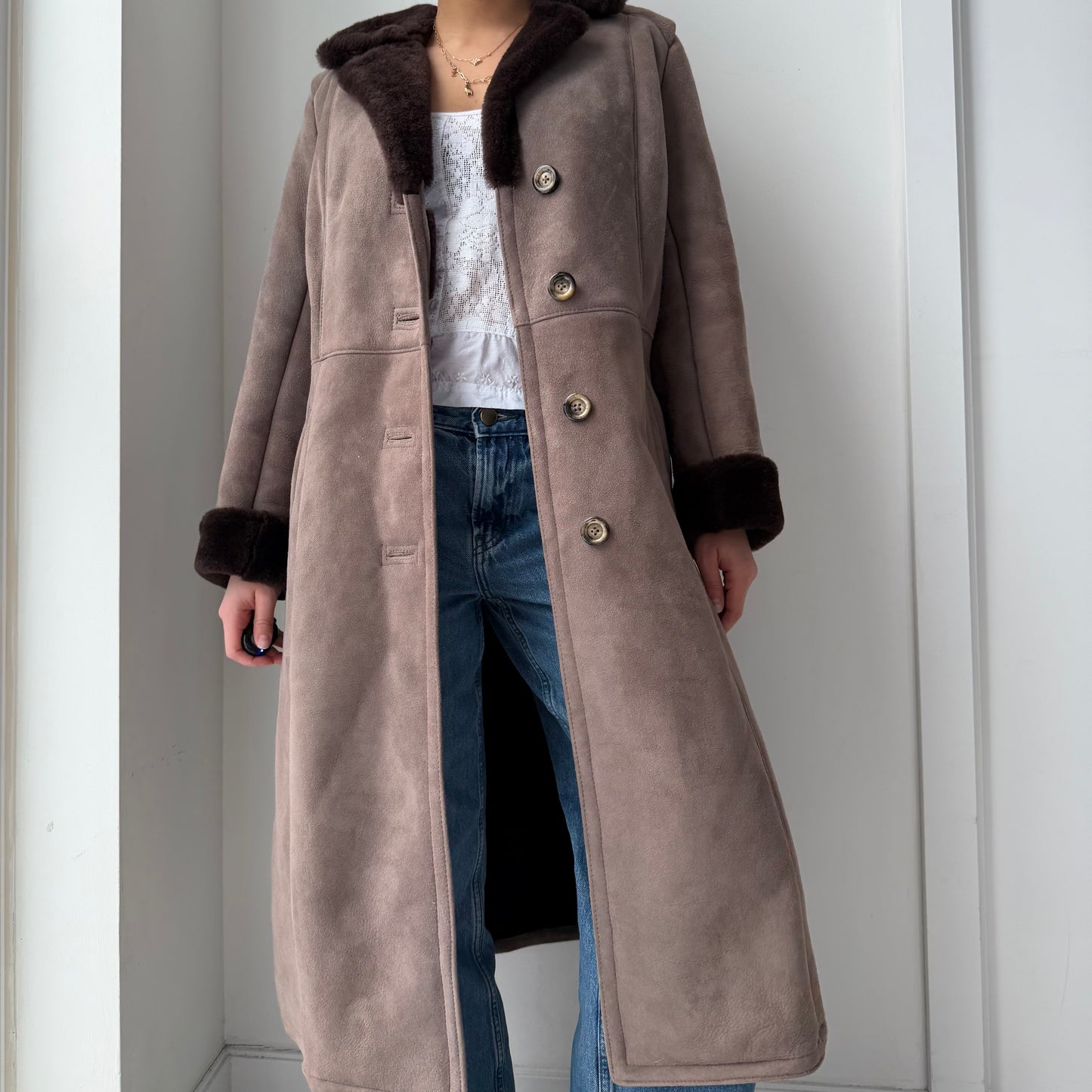 Vintage Made in Canada Brown Suede Leather Shearling Trim Coat - Small