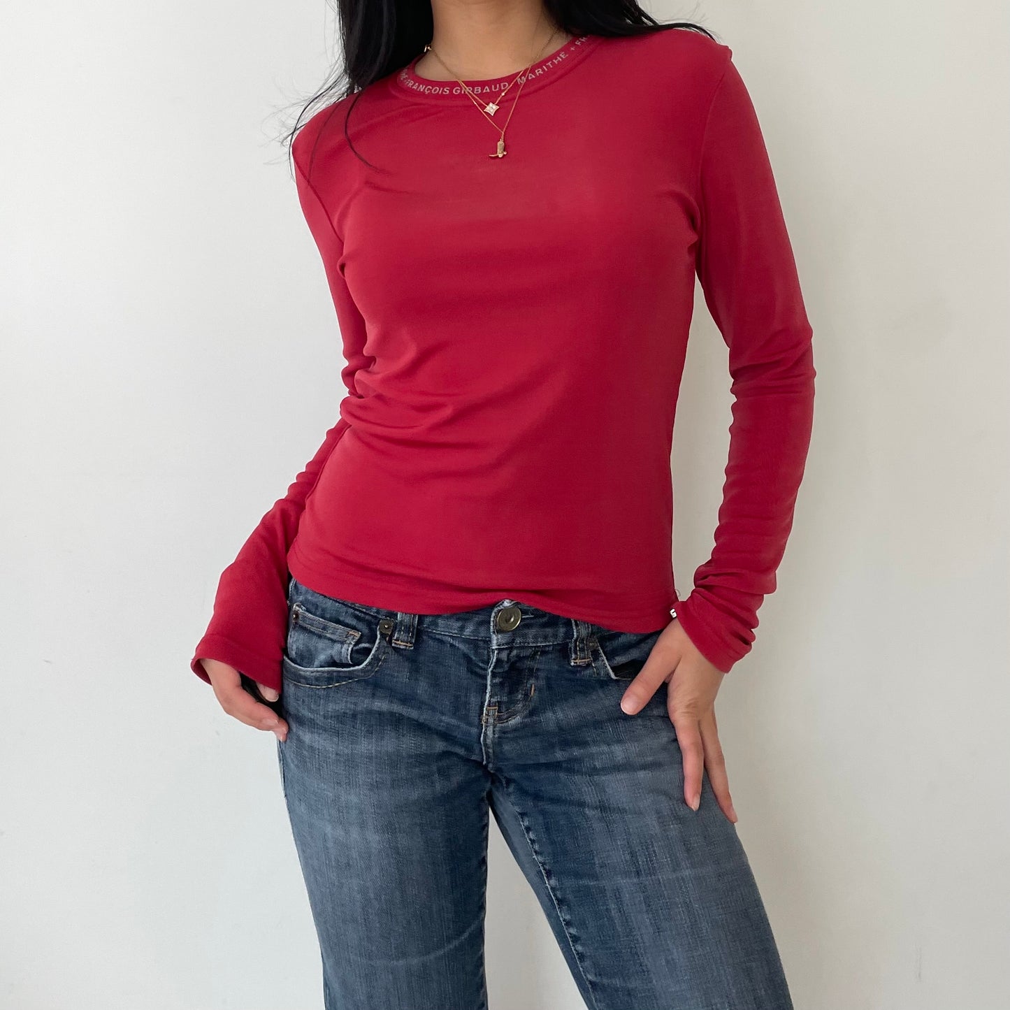 Marithé + Francois Girbaud Red Long Sleeve Mesh Top - Medium