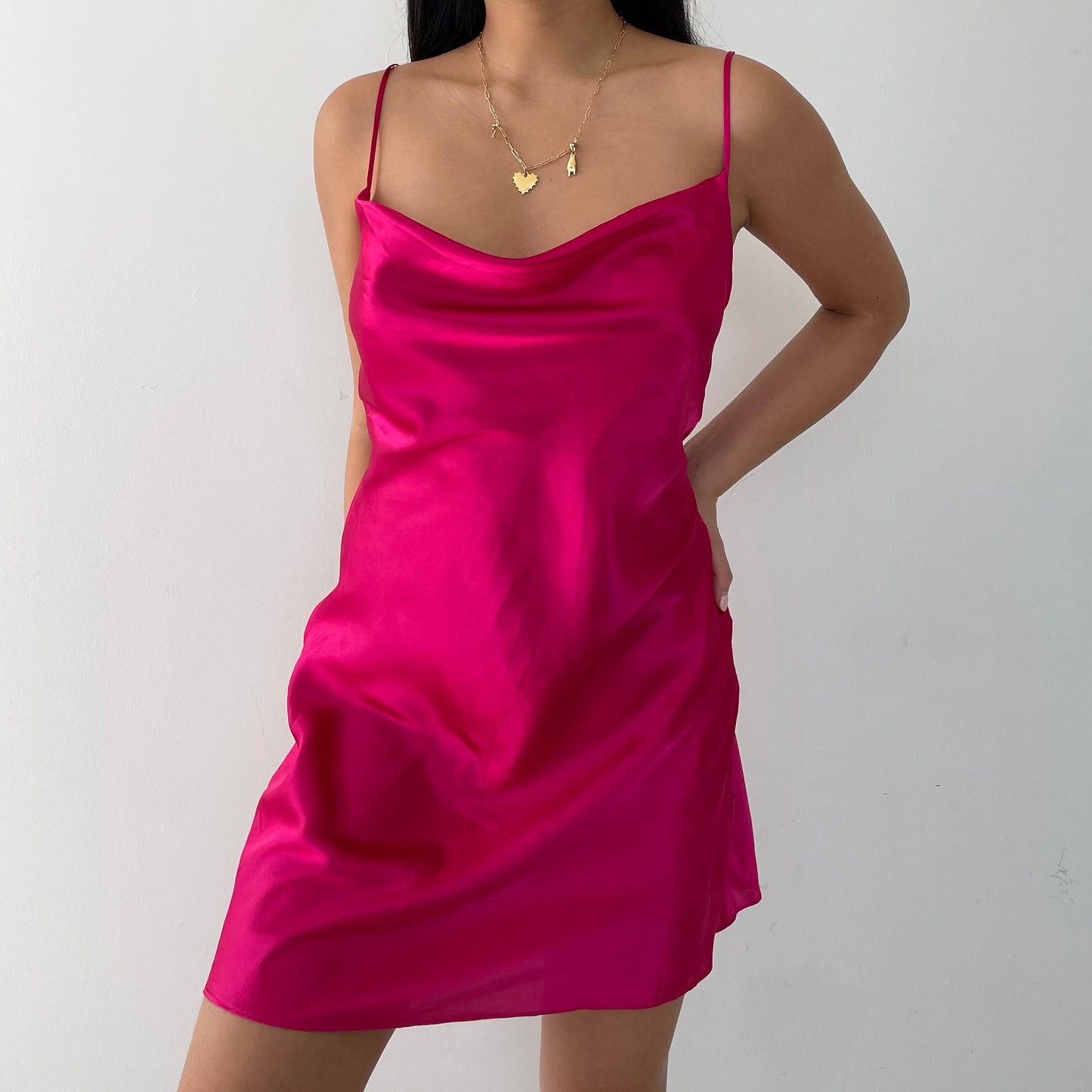 La Senza Hot Pink Cowl Neck Satin Slip Mini Dress - Small