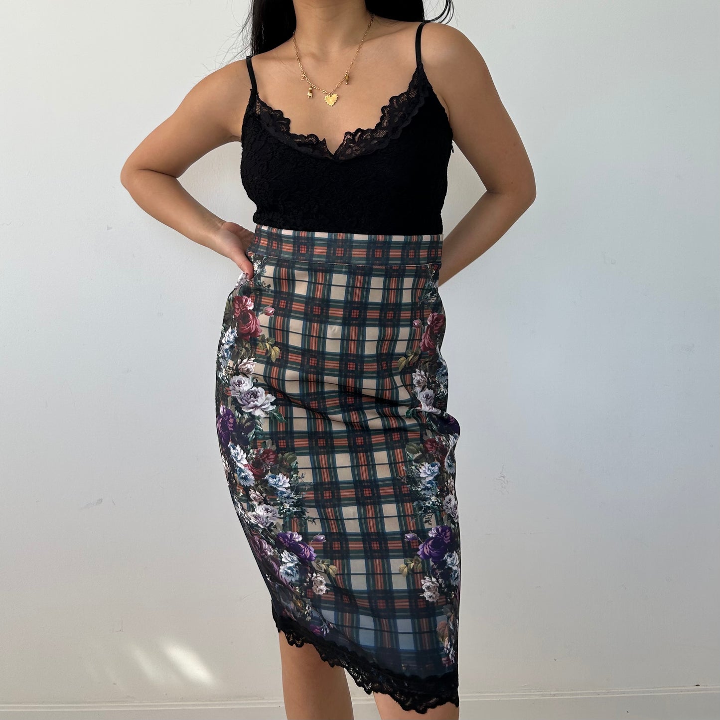 BNWT Old Label Zara Floral Panel Tartan Lace-Trim Midi Dress - Medium