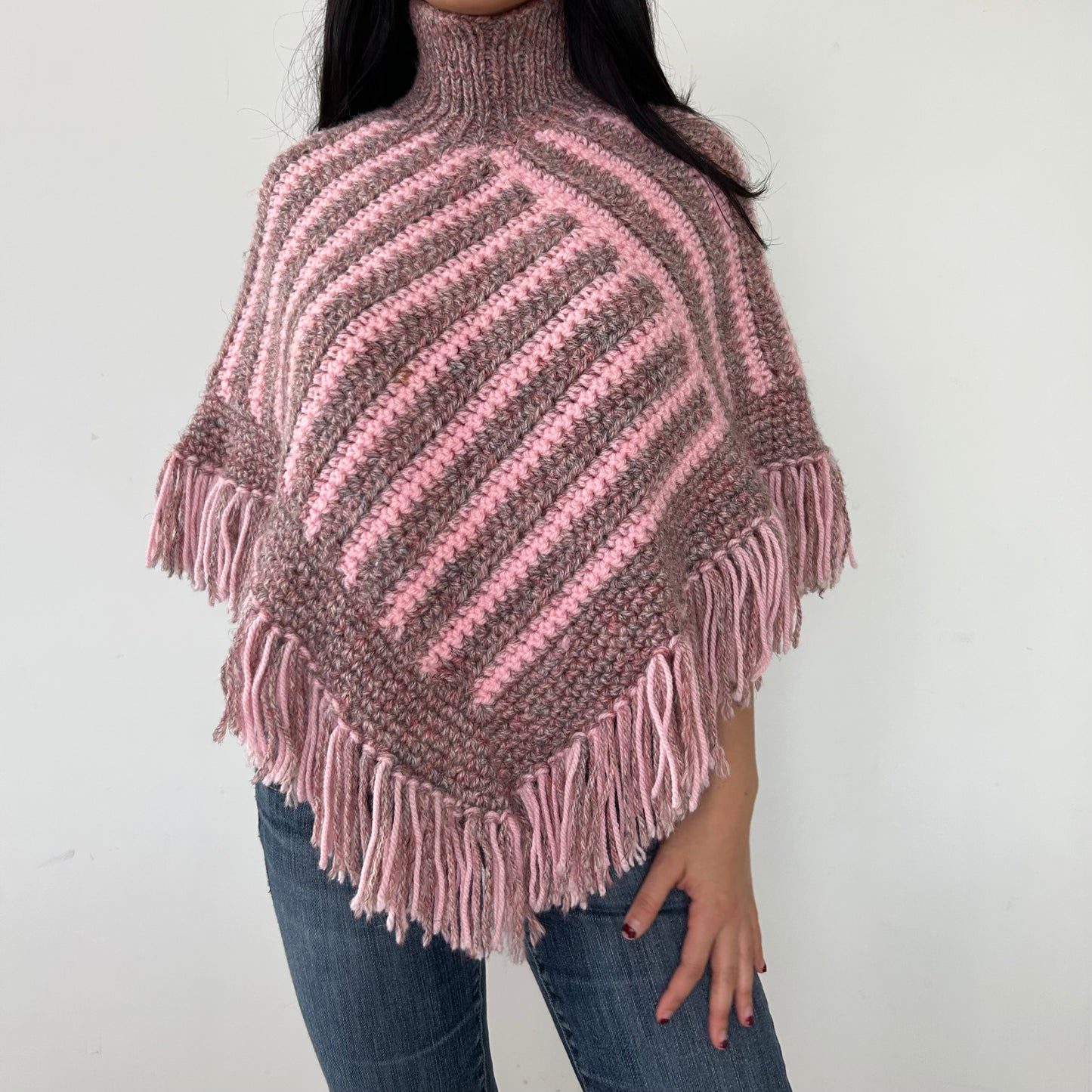 Pink Chunky Knit Striped Poncho with Fringe