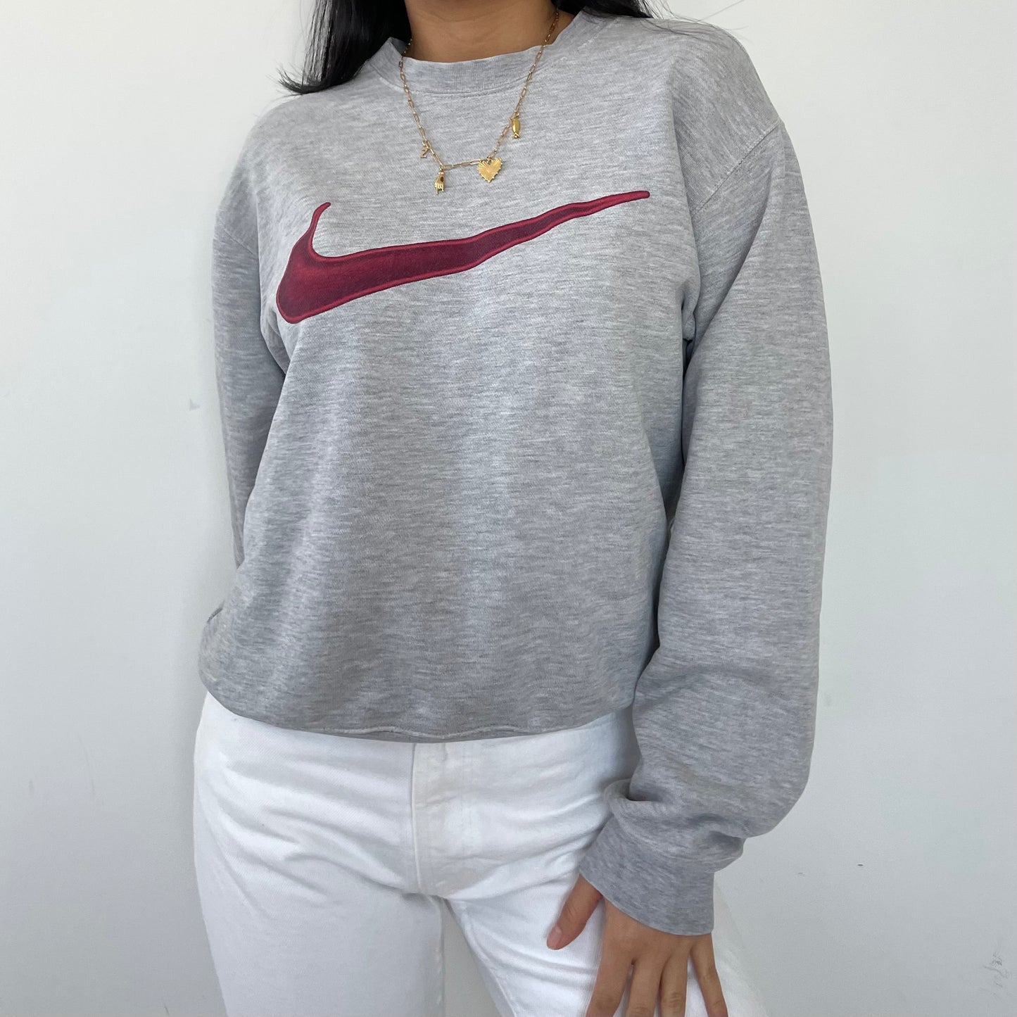 Vintage 90s Nike Grey Crewneck Sweatshirt Burgundy Swoosh - Small