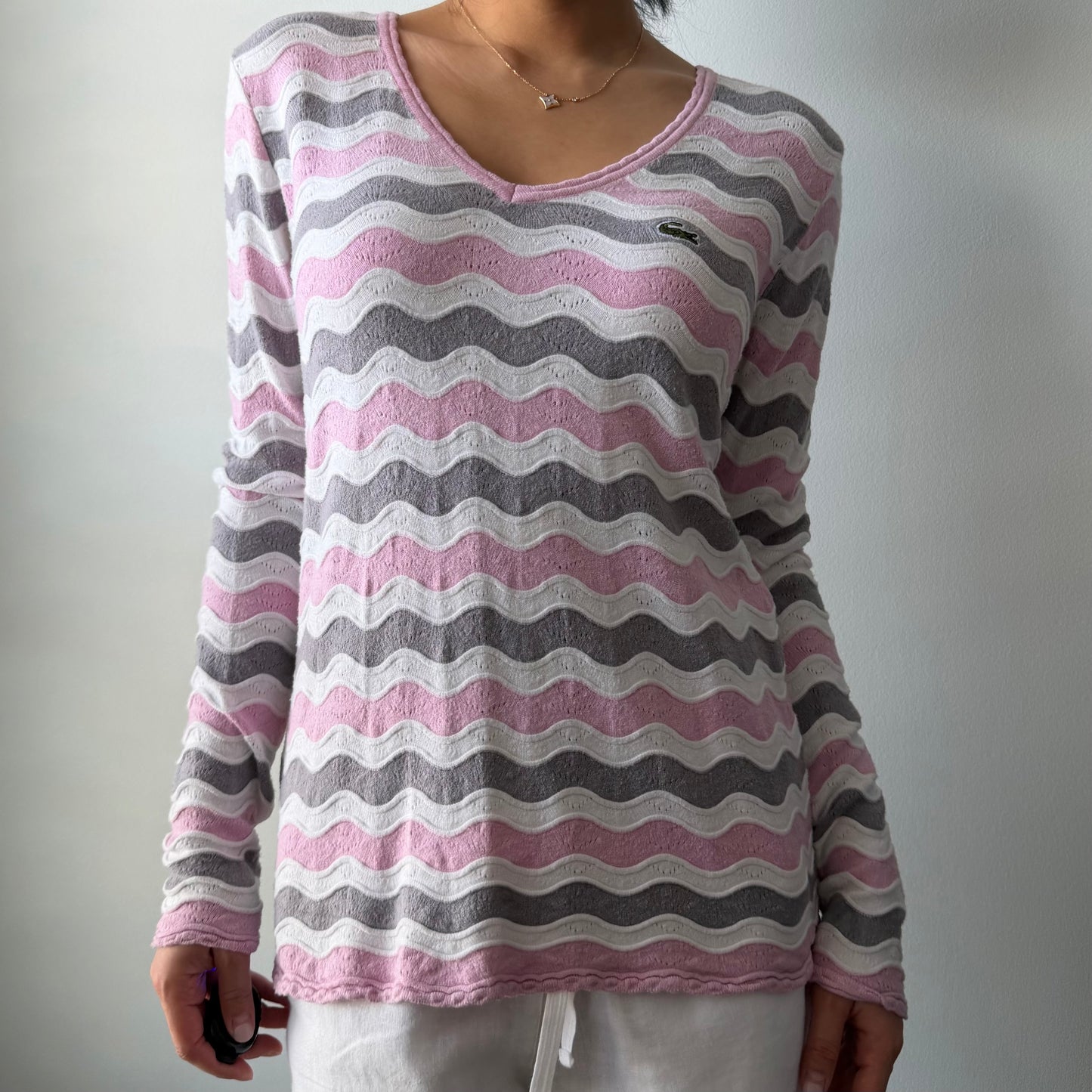 Lacoste Pink V-neck Long Sleeve Cotton Knit - X-Large