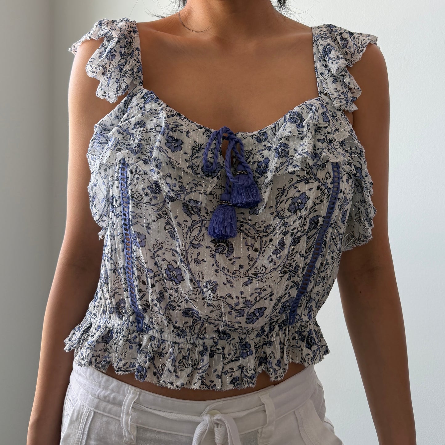 Saylor Blue and White Floral Ruffle Tank - Medium