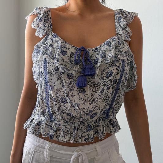 Saylor Blue and White Floral Ruffle Tank - Medium