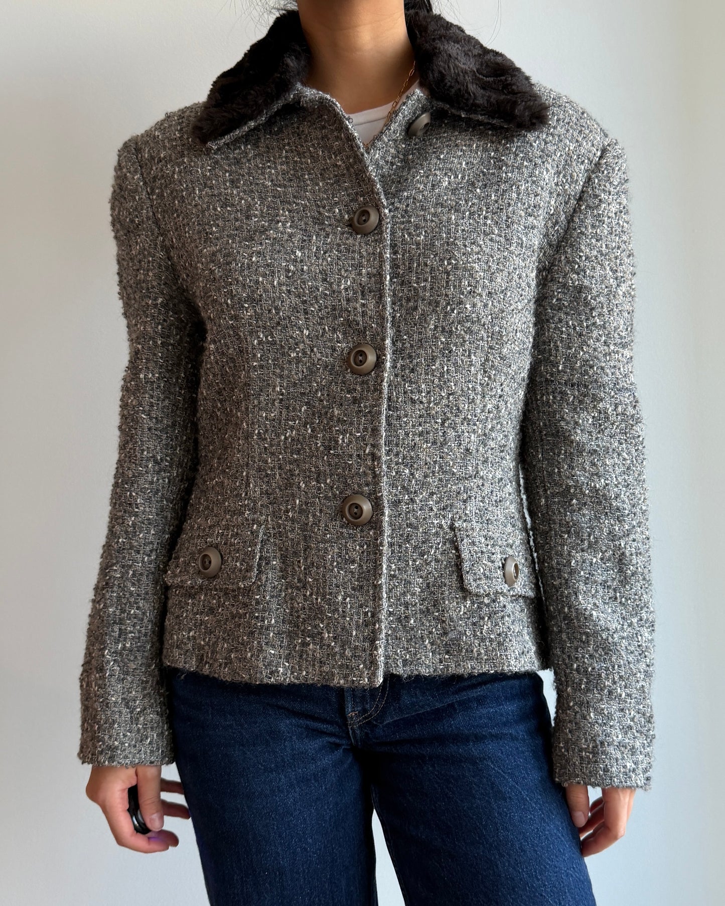Italian Brand Grey Wool Mohair Faux Fur Collar Tweed Jacket - Medium