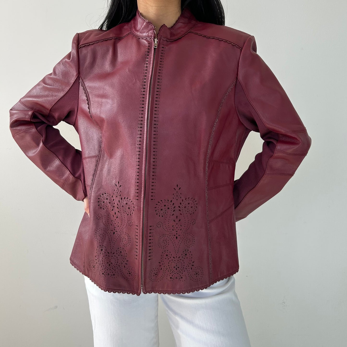 Cherry Red Perforated Leather Jacket - Large