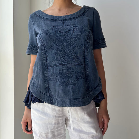 Saturday Sunday by Anthropologie Blue Short Sleeve Embroidered Blouse - X-Small