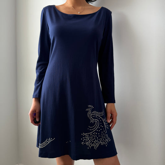 1990s Ritmo di Perla Midnight Blue Embellished Long Sleeve Dress - Medium