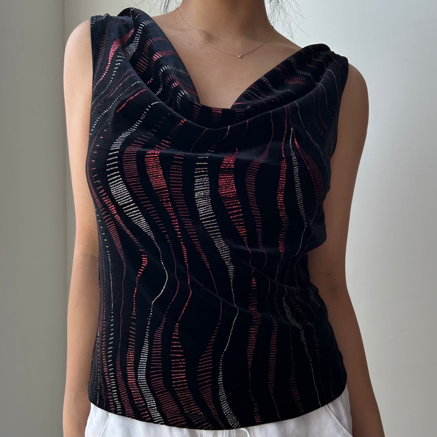 90s Made in USA Black Metallic Patterned Cowl Neck Tank - Medium