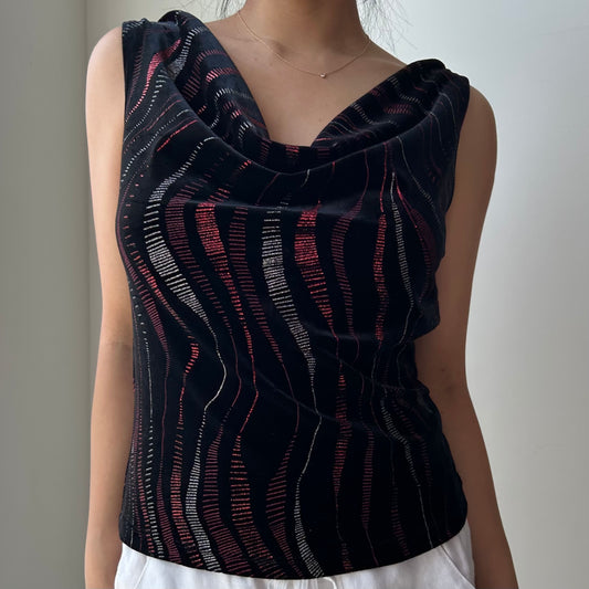 90s Made in USA Black Metallic Patterned Cowl Neck Tank - Medium