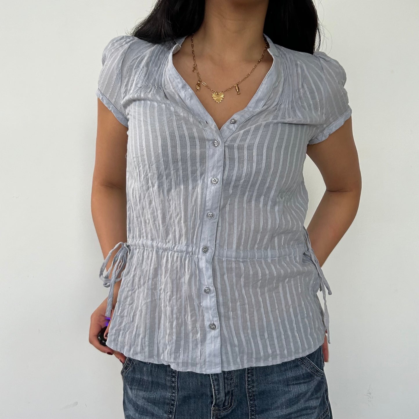 2010s H&M Mauve Grey Short Sleeve Button Up Blouse - X-Small