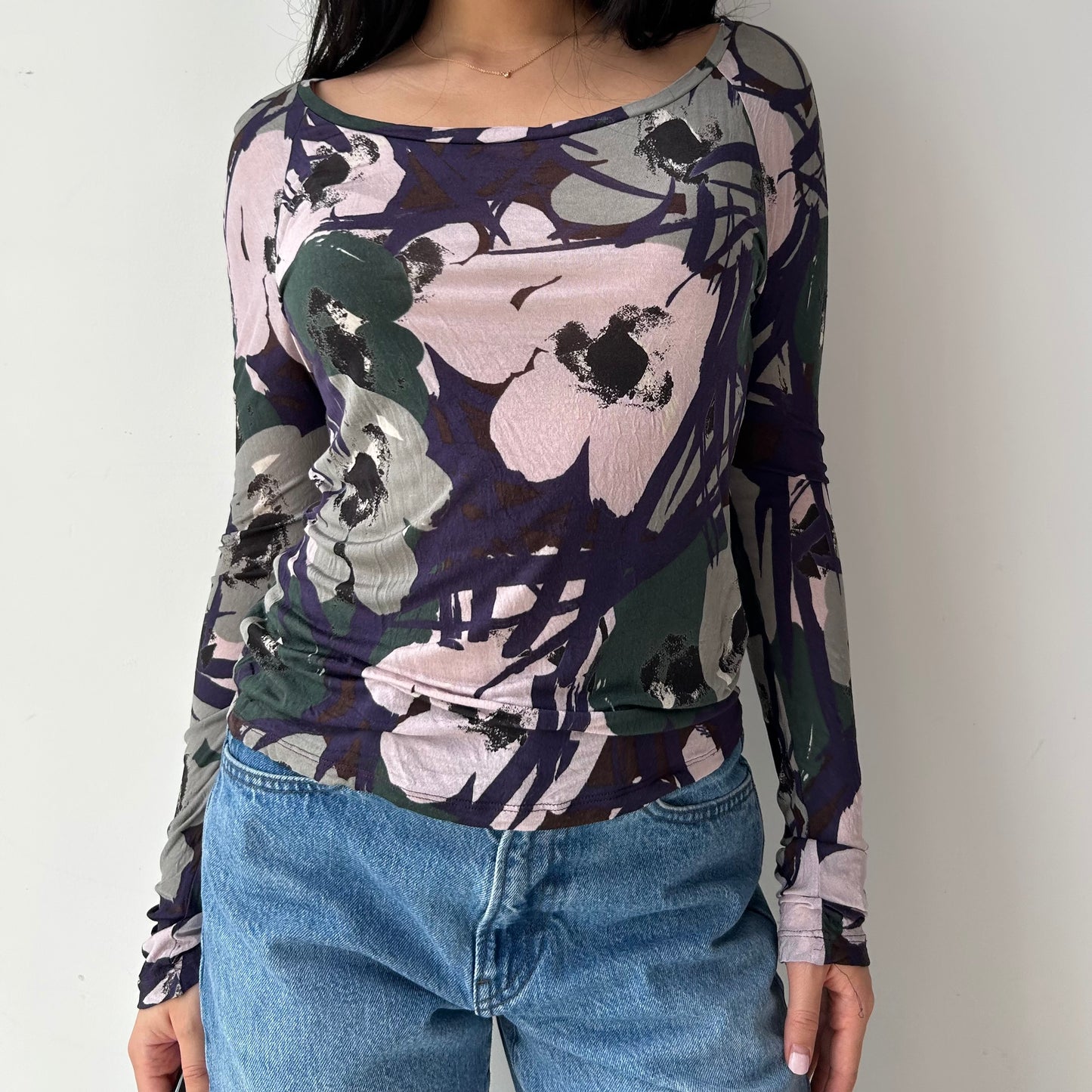 Max Mara Studio Purple Floral Print Long Sleeve Top - Medium