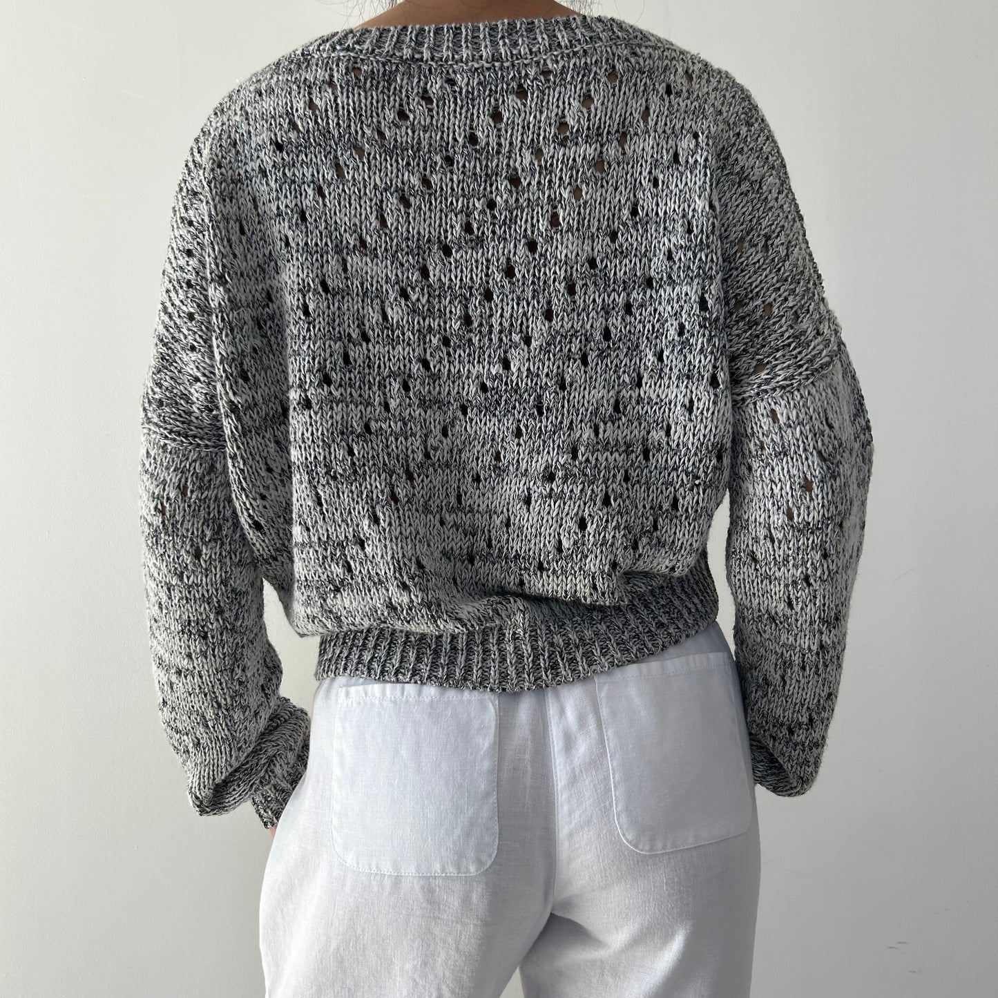 Sarah Pacini Grey Open-Knit V-Neck Jumper - One Size