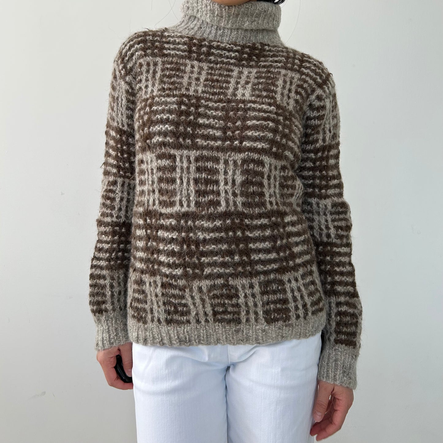 Vintage 1980s Miss Renfrew at Holt Renfrew Brown and Beige Check Knit Turtleneck - Medium