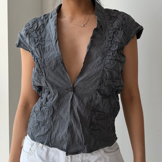 Sarah Pacini Charcoal Crinkled Short Sleeve Blouse - Medium