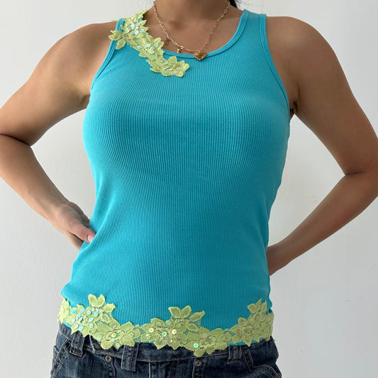 La Senza Blue Ribbed Tank with Lace Floral Appliqué - X-Small