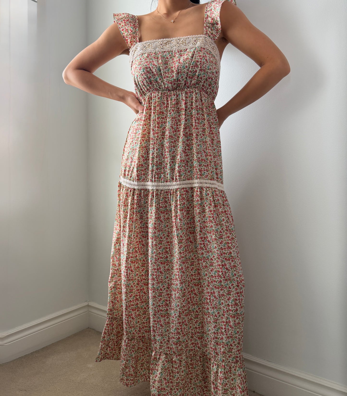 Floral Lace-Trim Tiered Maxi Dress - Medium