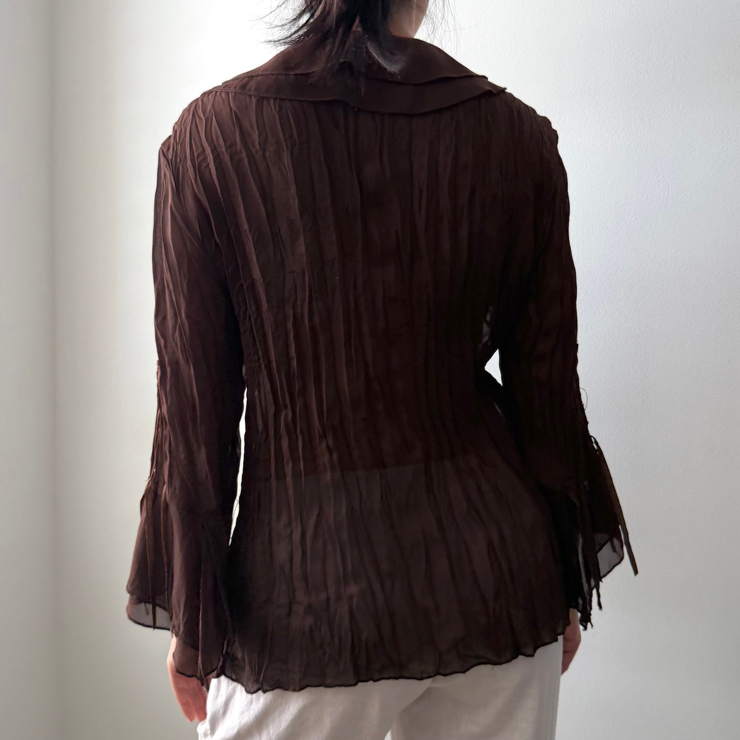 Brown Ruffle-Front Long Sleeve Blouse - Medium
