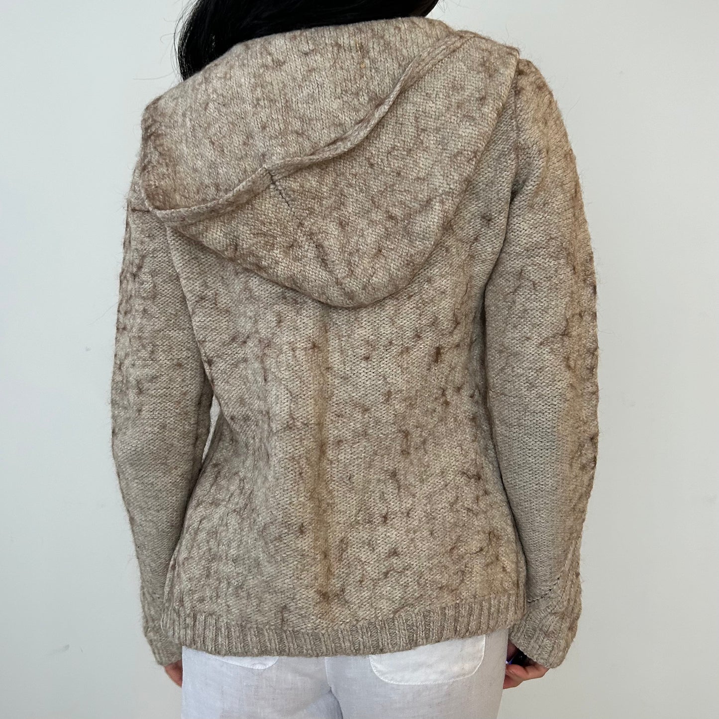 BCBGMAXAZRIA Alpaca Blend Beige Cable-Knit Hooded Cardigan - Small