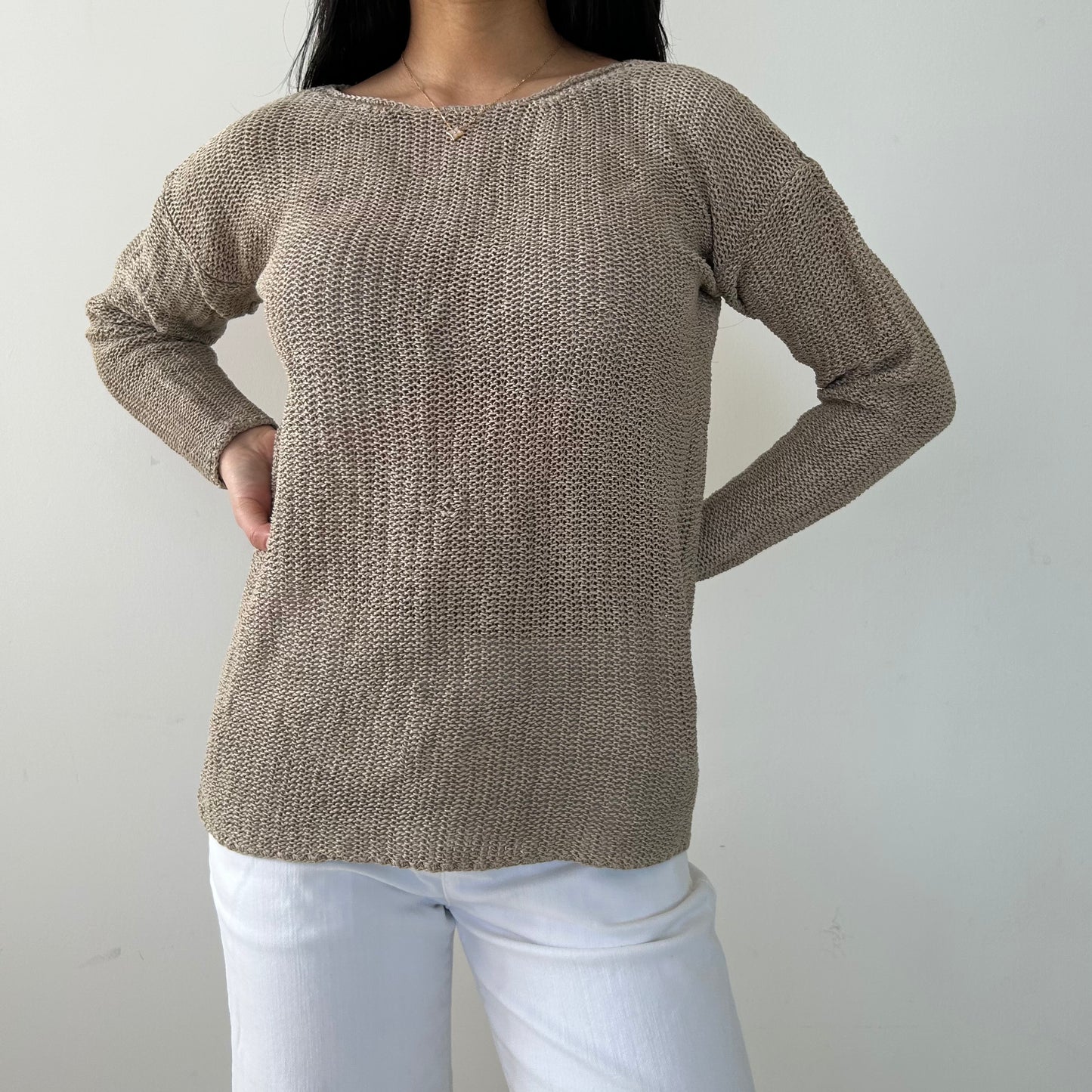 Vintage 1990s Calvin Klein Collection Beige Linen Crewneck Knit - Medium