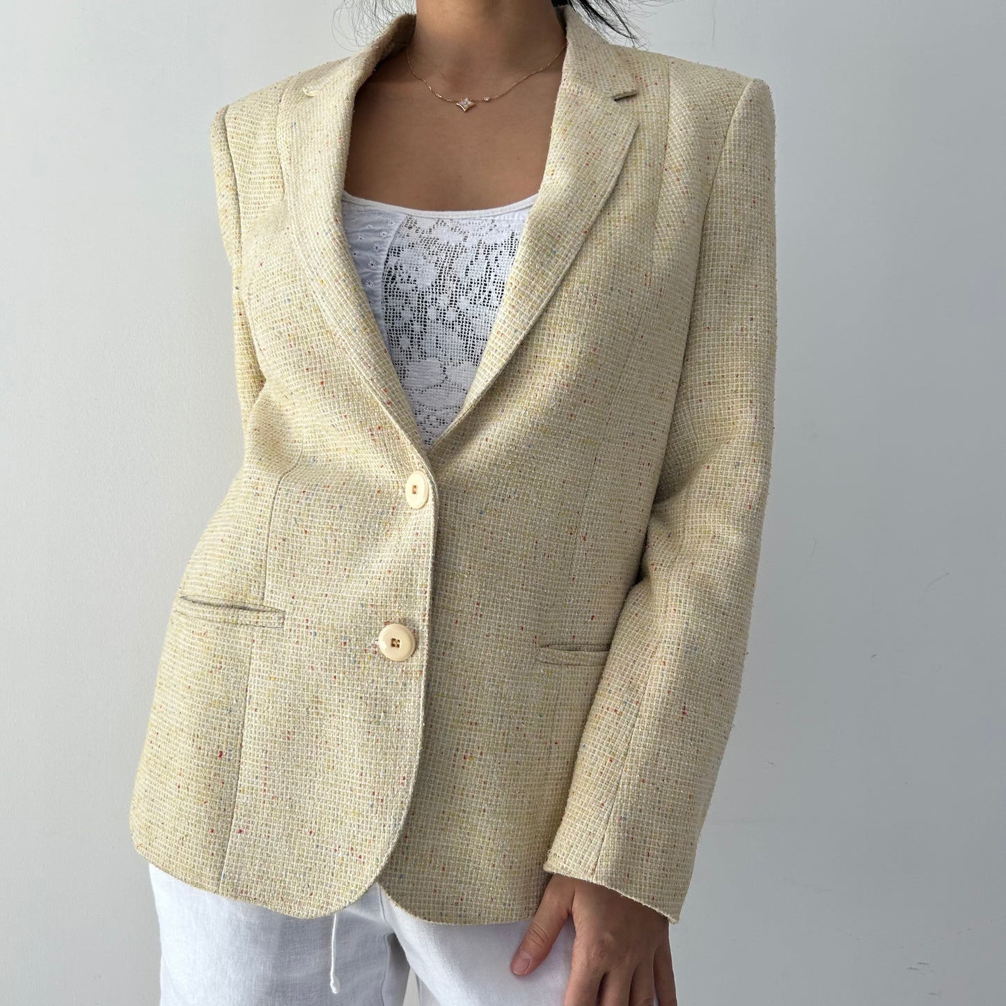 Vintage Butter Yellow Single Breasted Tweed Blazer - Medium