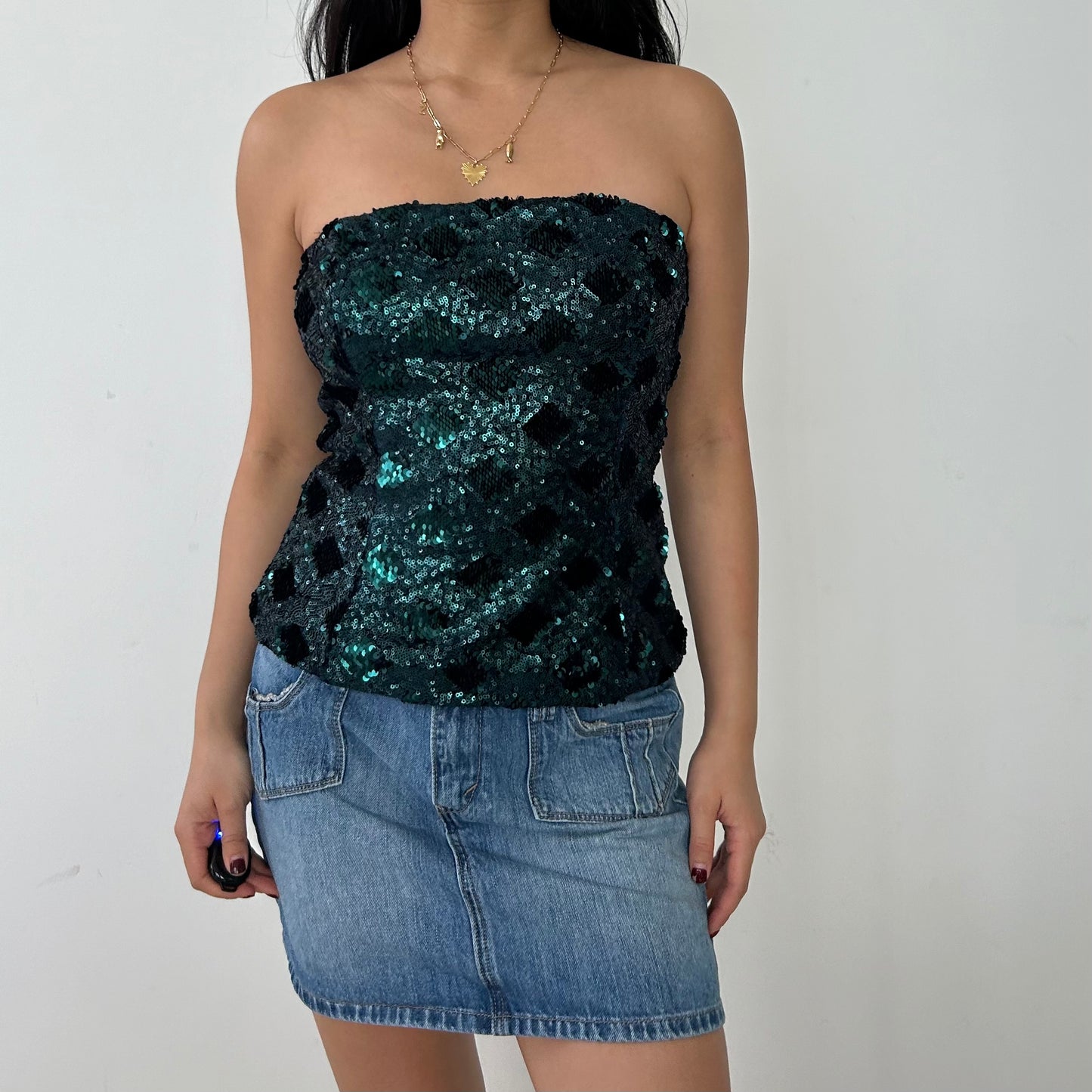 Zara Teal Sequin Strapless Bustier - Small