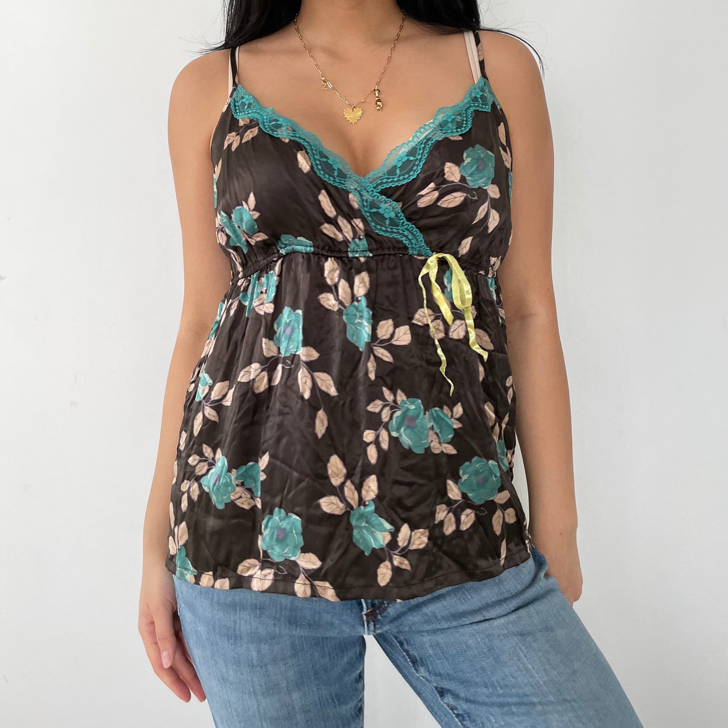 2000s H&M Blue and Brown Floral Silk Cami - Medium