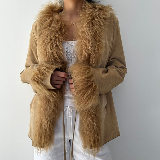 Express Brown Suede and Mongolian Fur Trim Coat - Medium