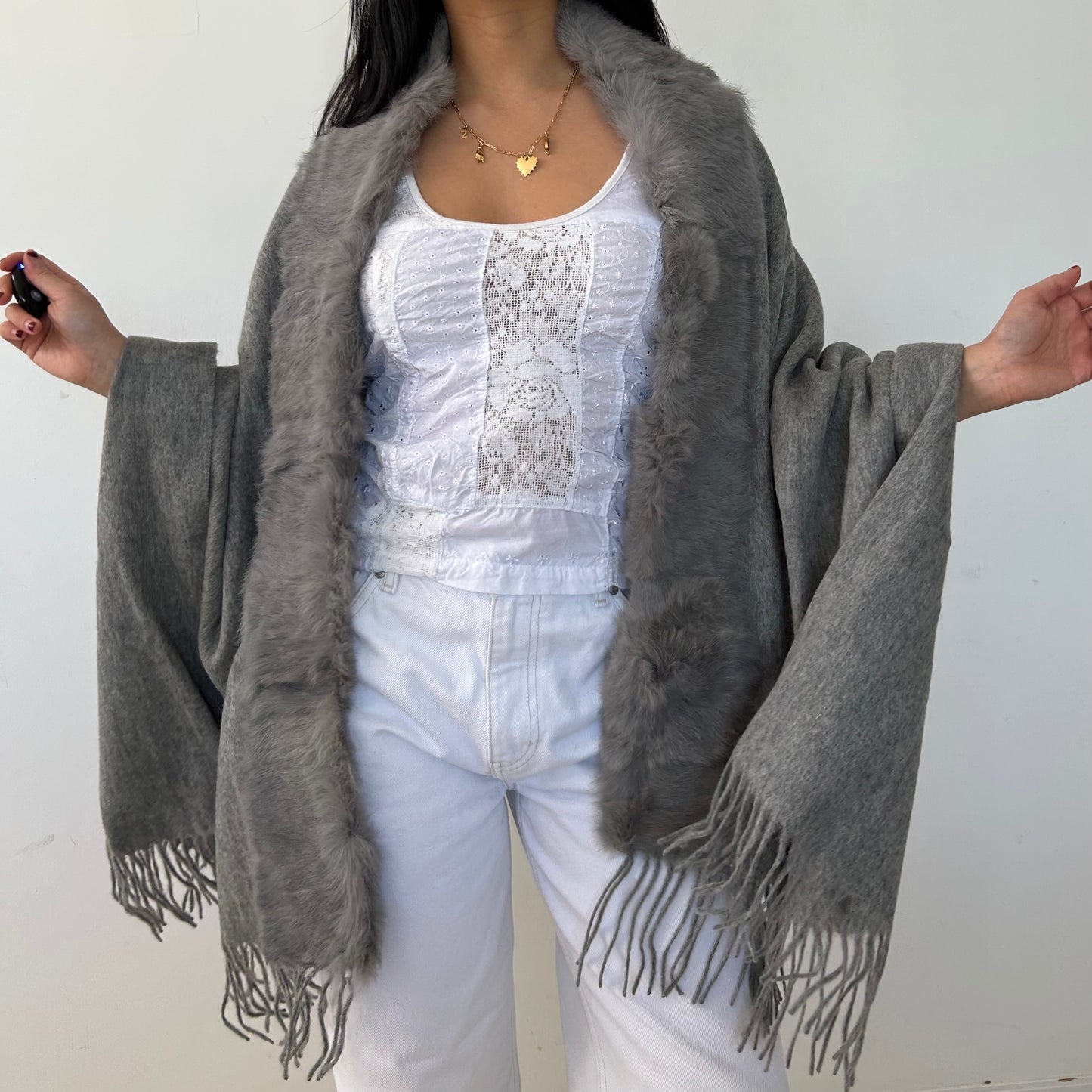 Grey Rabbit Fur Trimmed Cashmere Wrap