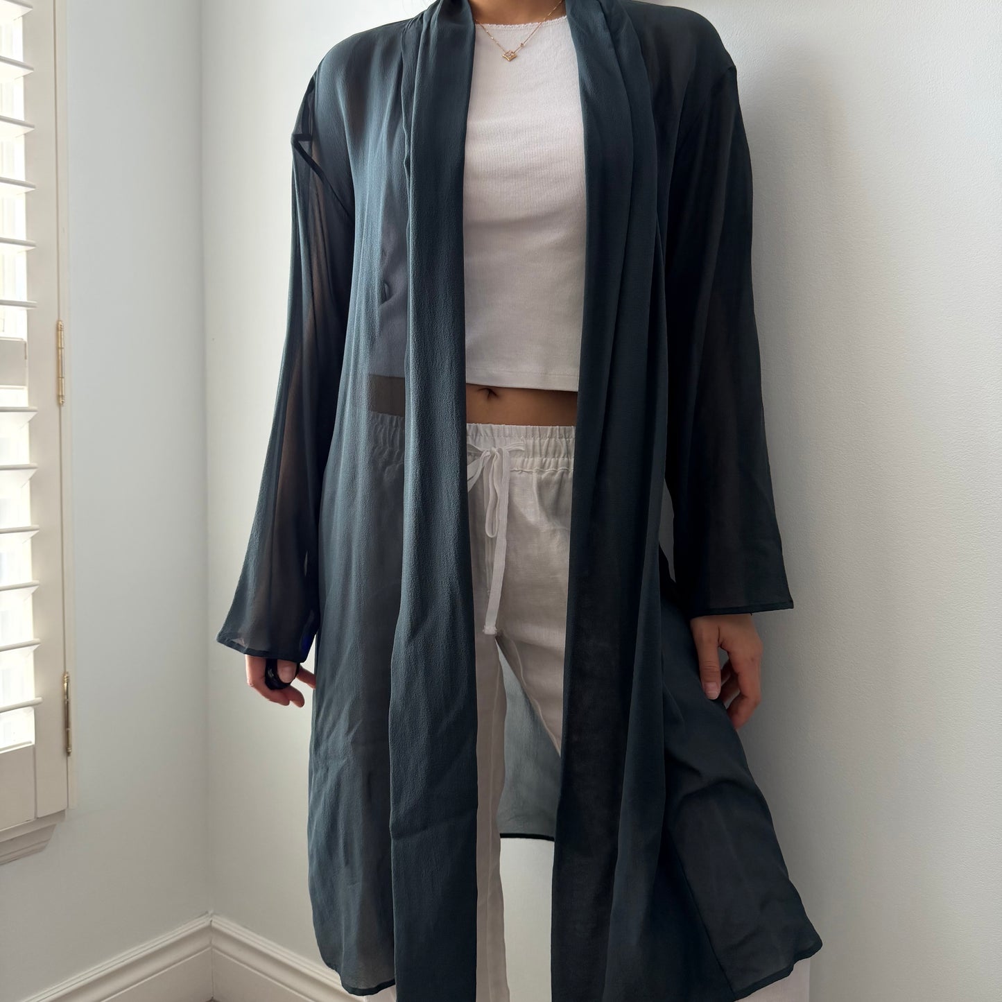 Eileen Fisher Dark Teal Silk Open Front Longline Cardigan - Medium