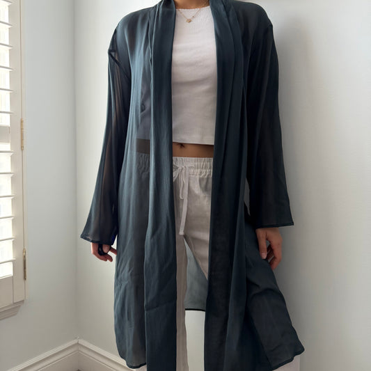 Eileen Fisher Dark Teal Silk Open Front Longline Cardigan - Medium