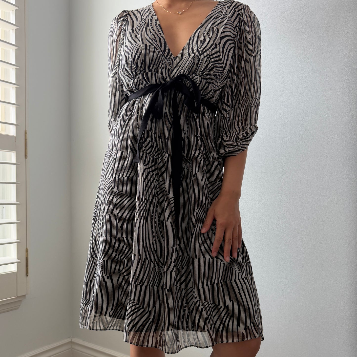 Ted Baker Zebra Print Long Sleeve Tie Waist Silk Dress - Medium