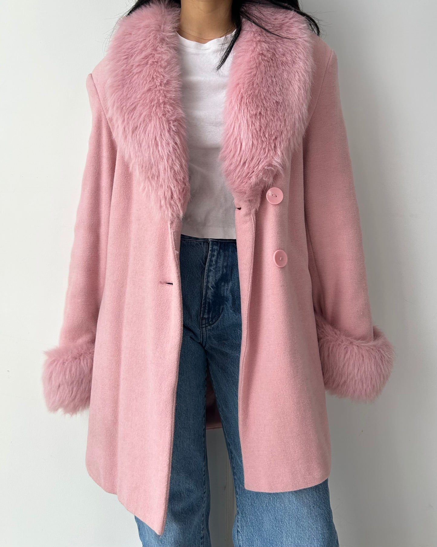Fairweather Pink Faux Fur Trim Wool and Cashmere Coat - Large