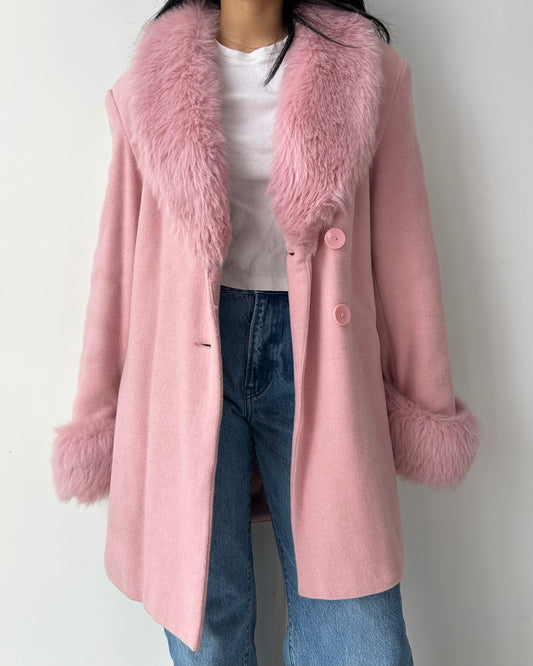 Fairweather Pink Faux Fur Trim Wool and Cashmere Coat - Large