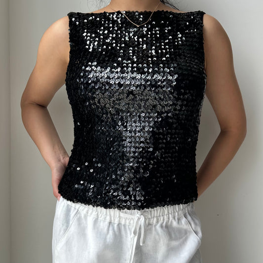 Vintage 90s Made in USA Scott McClintock Square Neck Black Sequin Tank - X-Small
