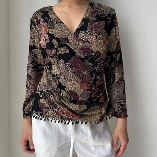 Made in USA Floral Metallic Brocade Wrap Top - Medium