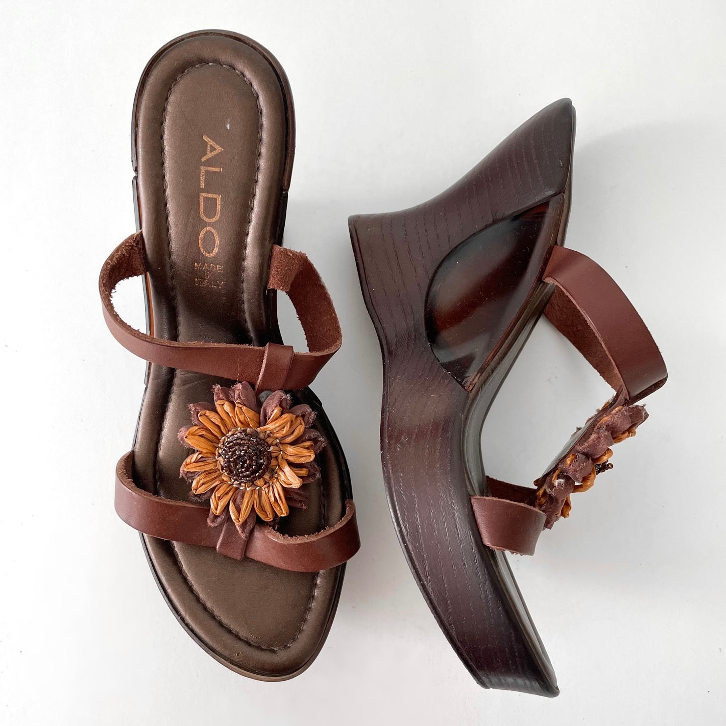 Vintage Aldo Brown Sunflower Platform Wedges - EU 38