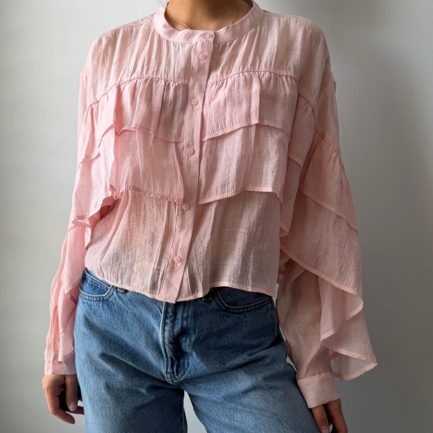 Zara Blush Pink Cropped Long Sleeve Ruffle Blouse - Small