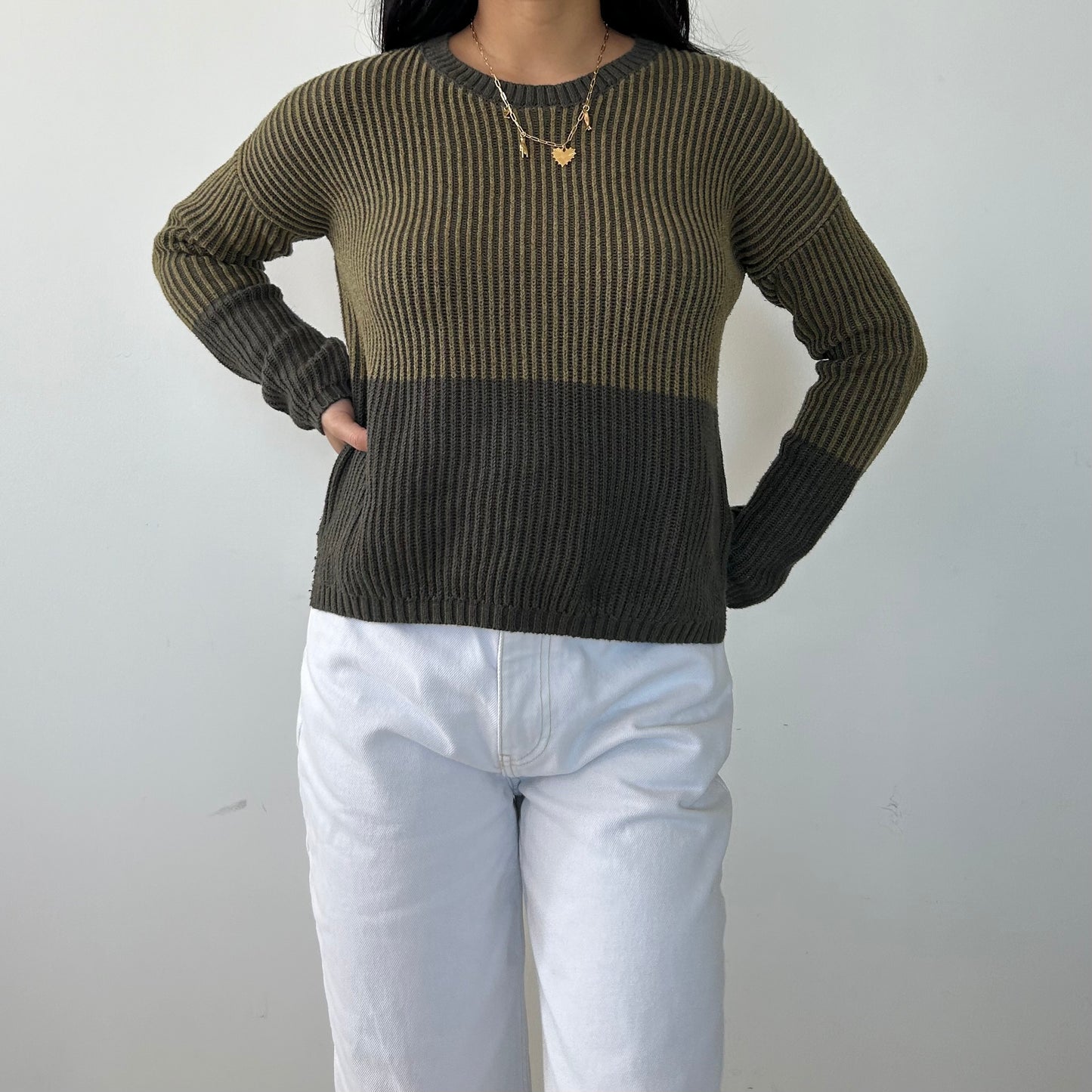 Green Colourblock Ribbed Crewneck Knit - Small